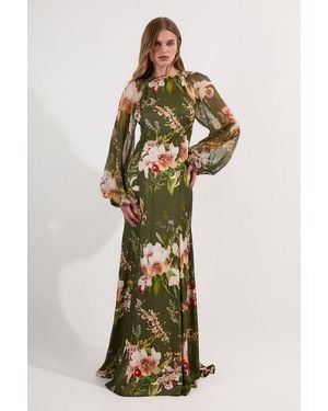 Karen Millen Garden Floral Viscose Georgette Satin Mix Maxi Dress - Green