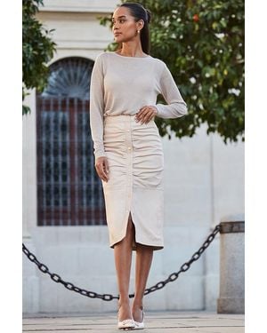 Sosandar Ecru Leather Button Front Midi Skirt - Grey