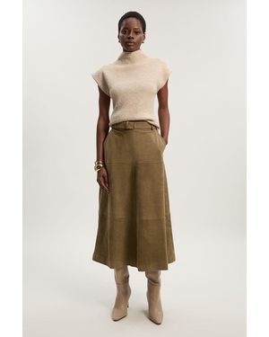 Karen Millen Suede Utility Belted Full Midi Skirt - Natural