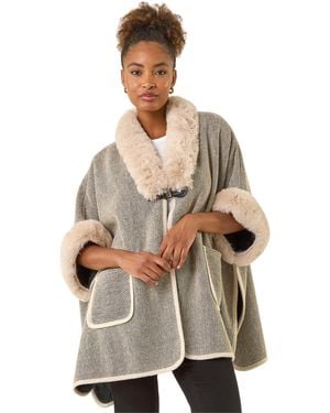 Roman Faux Fur Pocket Poncho - Grey