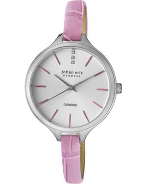 Johan Eric Herlev Slim Analog Display Genuine Leather Diamond Watch - Grey