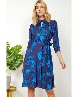 Sosandar Forest Sprig Collared Fit & Flare Dress - Blue