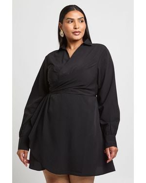 Boohoo Plus Wrap Front Shirt Dress - Black