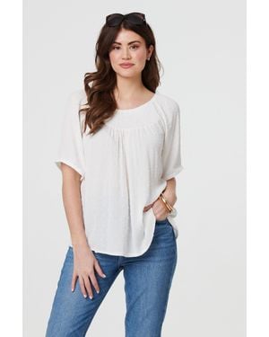 Izabel London Textured Semi Sheer Shirred Bardot Top Short Sleeve - White
