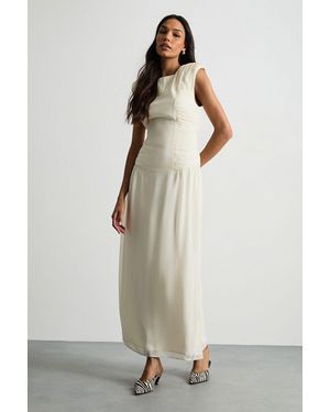 Warehouse Ruched Waist Sleeveless Shoulder Pad Detail Maxi Dress - White