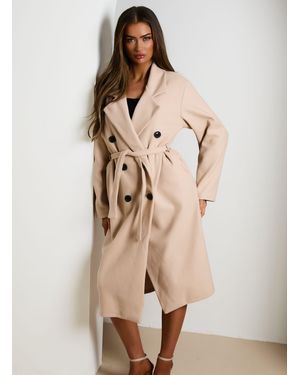 Femme Luxe Double Breasted Button Detail Belted Trench Coat - Natural
