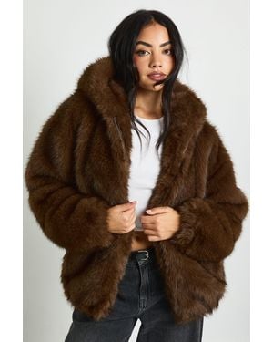 Boohoo Premium Faux Fur Hooded Jacket - Brown