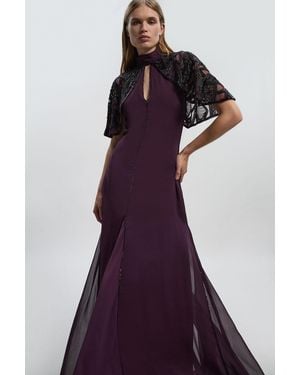 Karen Millen Petite Crystal Embellished Cutwork Cape Detail Woven Maxi Dress - Purple