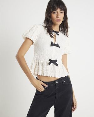 River Island Top Short Sleeve Textured Bow - White