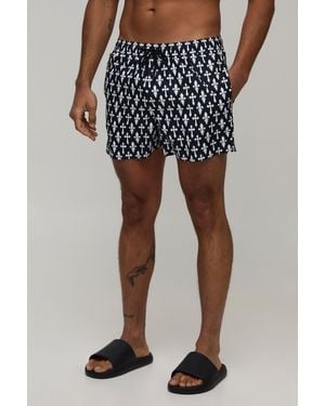 BoohooMAN Cross Printed Short Length Swim - Blue