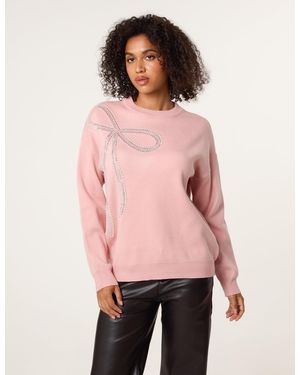Blue Vanilla Diamante And Pearl Bow Knit Jumper - Pink