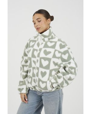 Brave Soul Heart Print Zip Through Sherpa Fleece - Green