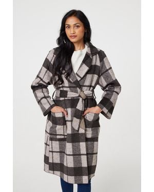 Izabel London Checked Longline Coat With Belt - Grey