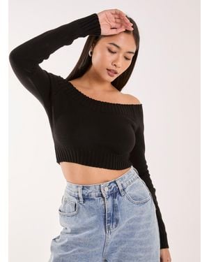 Pink Vanilla Off Shoulder Crop Knit Top - Black