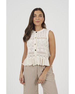 Brave Soul Pointelle Knit Waistcoat With Frill Hem - Natural