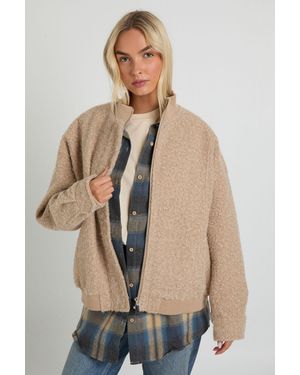 Boohoo Boucle Wool Look Bomber Jacket - Natural