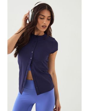 DSGN Studio Sculpt Rib Button Through Short Sleeve Top - Blue