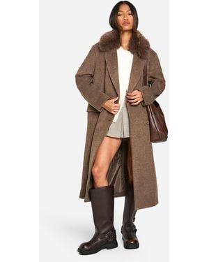 Boohoo Faux Fur Trim Oversized Double Breasted Wool Look Coat - Natural