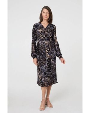 Izabel London Printed Shirred Waist Midi Wrap Dress - Black