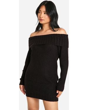 Boohoo Petite Wide Rib Bardot Neckline Mini Jumper Dress - Black