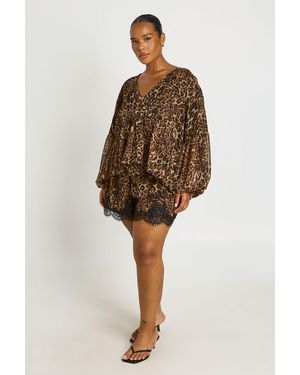 Boohoo Plus Leopard Lace Trim Chiffon Shorts - Brown