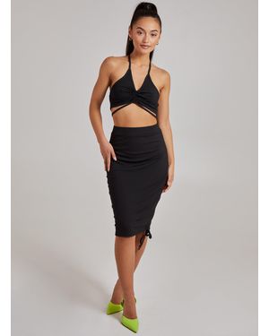 Pink Vanilla Ruched Ribbed Midi Skirt - Black