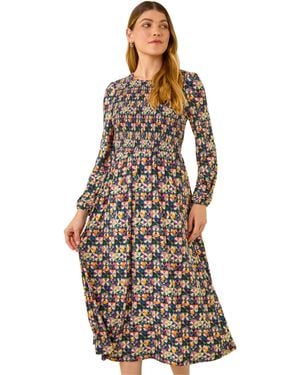 Roman Geometric Print Shirred Midi Dress - Purple