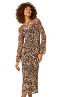 Roman Leopard Mesh Maxi Stretch Dress - Brown