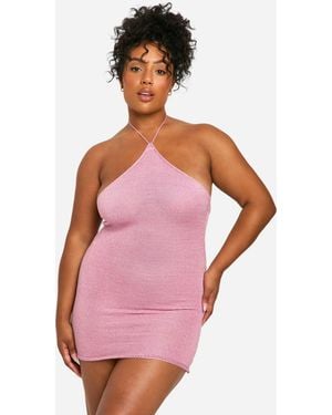 Boohoo Plus Glitter Knitted High Neck Mini Dress - Pink