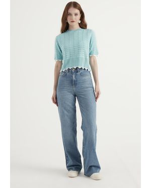 Ajour Gebreid T-shirt Met Korte Mouwen - Blauw