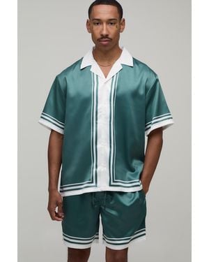 BoohooMAN Oversized Short Sleeve Double Boarder Print Satin Shirt & Set - Green