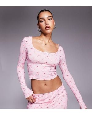 Kaiia Exclusive Cropped Scoop Neck Bow Detail Pyjama Top Co-Ord - Pink