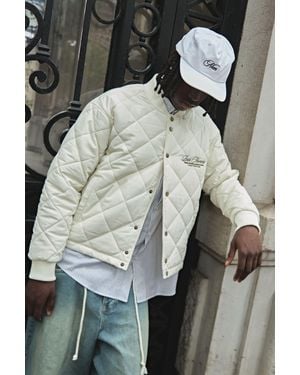 BoohooMAN Boxy Fit Embroidered Diamond Quilted Nylon Bomber Jacket - Grey