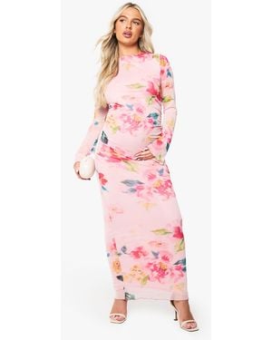 Boohoo Maternity Floral Mesh Lettuce Hem Maxi Dress - Pink