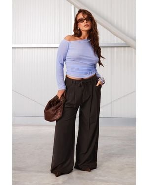 Boohoo Plus Pinstripe Wide Leg Drawstring Trouser - Brown