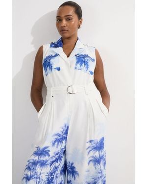 Karen Millen Plus Size Viscose Linen Scenic Print With Top Stitch Belted Woven Jumpsuit - Blue