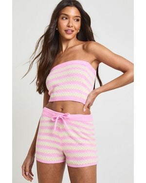 Boohoo Crochet Wave Stripe Bandeau Knitted Top And Mini Short Co-Ord - Pink