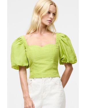French Connection Linen Blend Puff Sleeve Sweetheart Neck Crop Top - Green