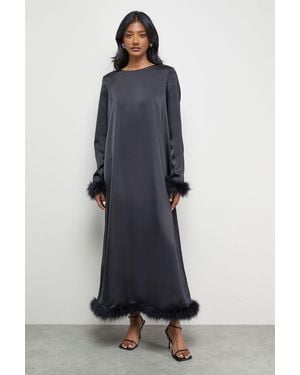 Warehouse Premium Satin Feather High Neck Swing Midi Dress - Blue