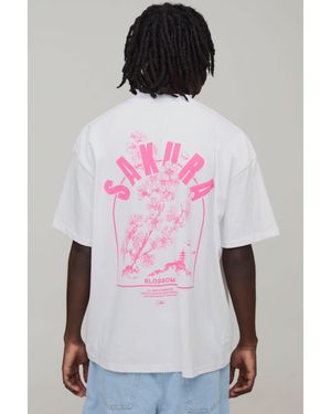 BoohooMAN Oversized Sakura Print Heavyweight Extended Neck T-Shirt Cotton - Pink