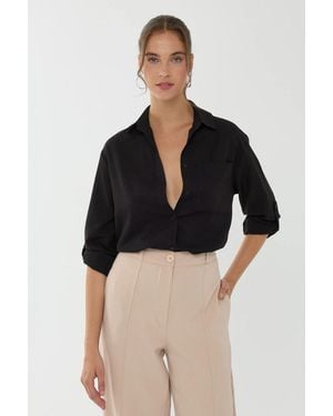 Hiccup Solid Pocket Long Sleeve Relaxed Fit Woven Shirt - Black
