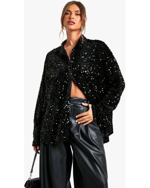 Boohoo Velvet Sequin Oversized Shirt - Black