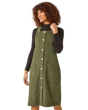 Roman Corduroy Pinafore Midi Dress - Green