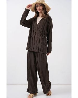 Bigdart Textured V-Neck Tie Detail Kimono & Wide Leg Trousers Set - Black