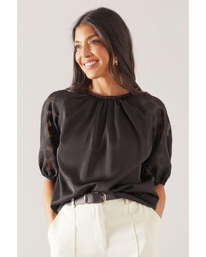 Wallis Spot Jacquard Puff Sleeve Top - Black