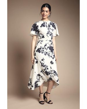 Wallis Floral Jacquard Cape Sleeve Midi Dress - Natural