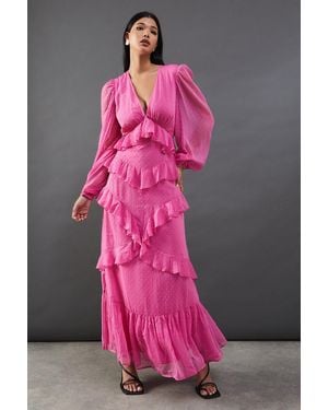 Warehouse Chiffon Plunge Neck Ruffle Detail Volume Sleeve Maxi Dress - Pink