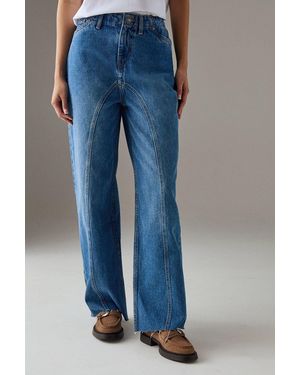 Warehouse Washed Raw Waist Seam Detail Denim Dad Jean - Blue