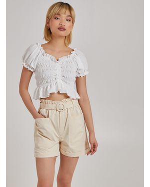 Pink Vanilla Ruched Puff Sleeve Frill Trim Top - Grey