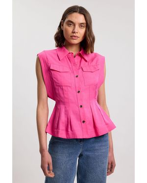 Karen Millen Premium Viscose Linen Topstitch Woven Blouse With Waist Seam Detail - Pink